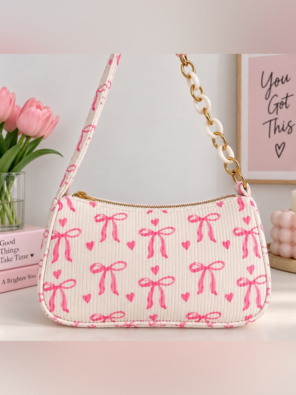 Pink Bow Print Shoulder Bag with Chain Accent